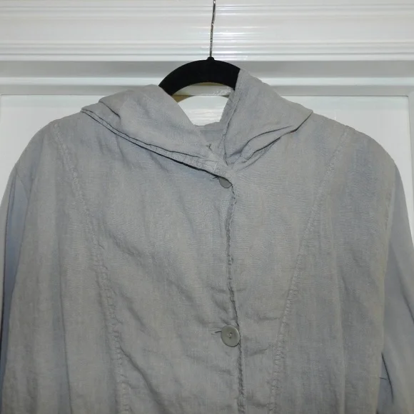Flax Linen Button Front Hooded Jacket Drawstring Waist - Picture 3 of 12